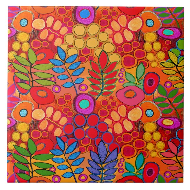 Sunny Garden Flowers - Red Yellow Orange Ceramic Tile (Front)