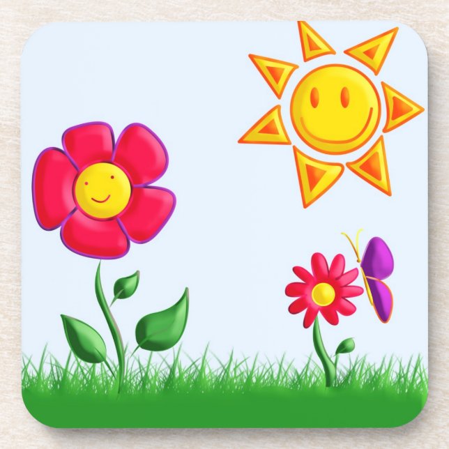 Sunny garden illustration beverage coaster (Front)