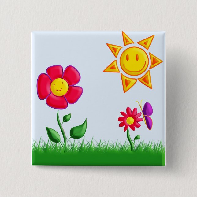 Sunny garden illustration pinback button (Front)