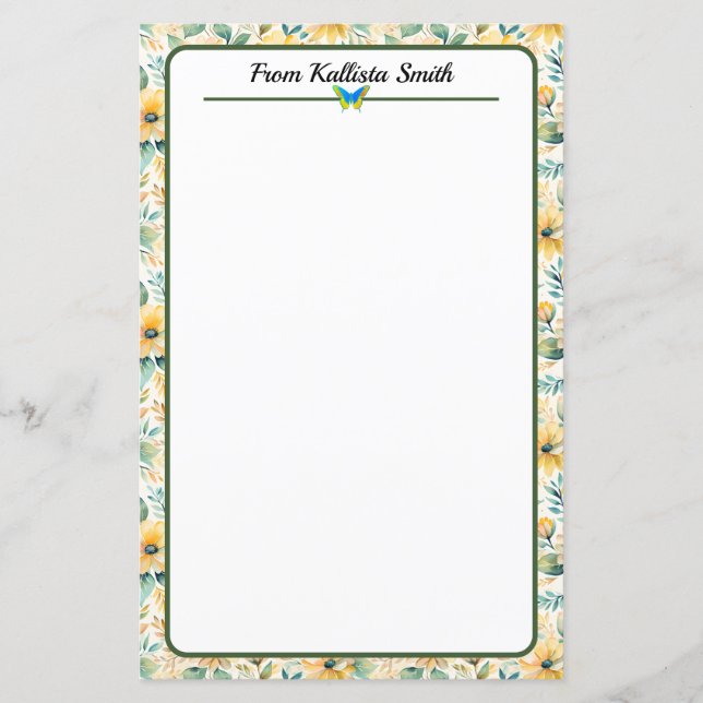 Sunny Gold Flowers Stationery Paper (Front)