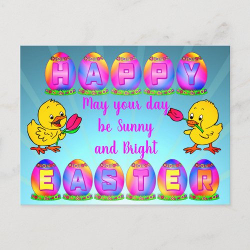 Sunny Happy Easter Eggs Greeting Chicken  Tulip Postcard