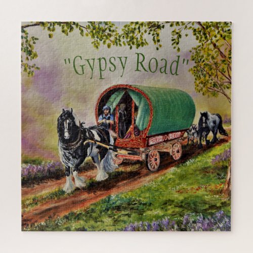 Sunny Irish road with Gypsy Road Vanner Vardo Jigsaw Puzzle