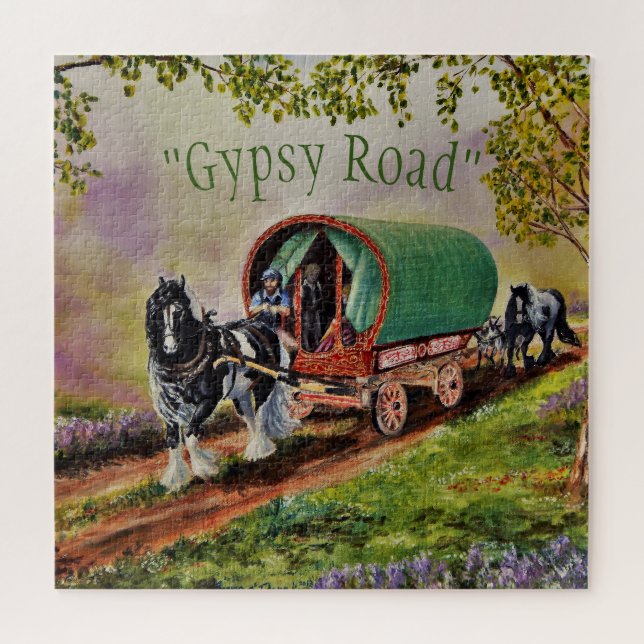 Sunny, Irish road with "Gypsy Road" Vanner Vardo Jigsaw Puzzle (Horizontal)