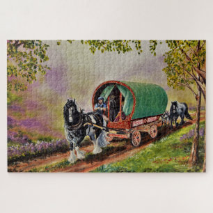 Sunny, Irish road with Gypsy Vanner Vardo Jigsaw Puzzle