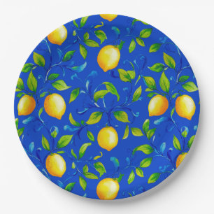 Sunny Italian garden lemons. Blue sky. Paper Plates