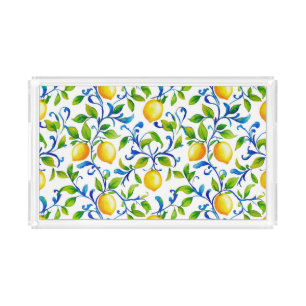 Sunny Italian garden lemons with blue swirls Acrylic Tray