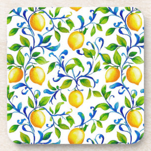 Sunny Italian garden lemons with blue swirls Beverage Coaster