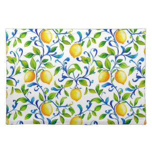 Sunny Italian garden lemons with blue swirls Cloth Placemat