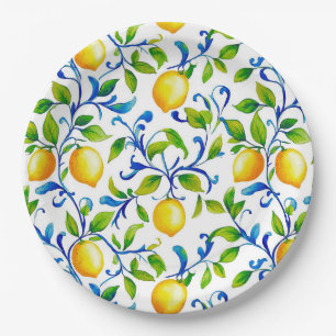 Sunny Italian garden lemons with blue swirls Paper Plates