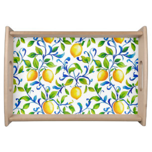 Sunny Italian garden lemons with blue swirls Serving Tray