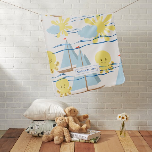Sunny Kids Pattern, Boat, Octopus and Sun Clipart Baby Blanket (In Situ)