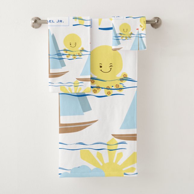 Sunny Kids Pattern, Boat, Octopus and Sun Clipart Bath Towel Set (Insitu)