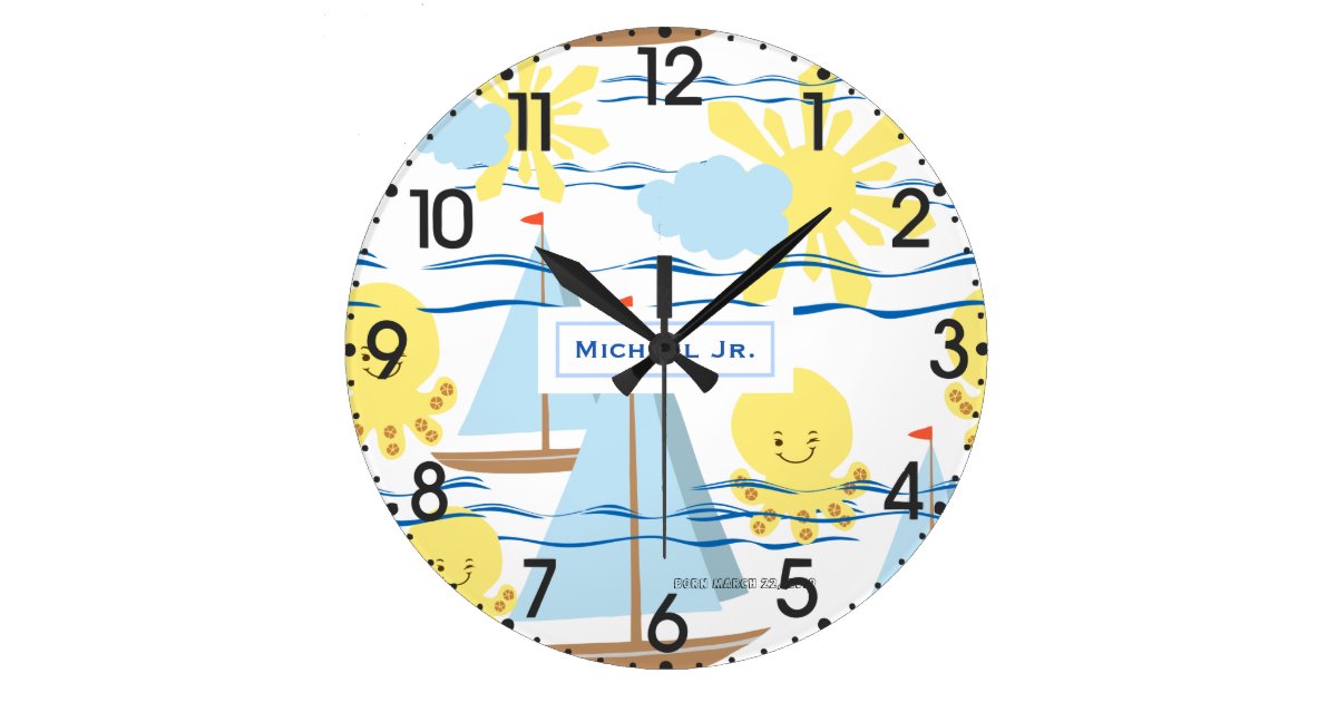 Sunny Kids Pattern Boat Octopus And Sun Clipart Large Clock