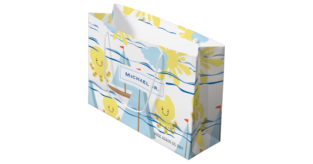 Sunny Kids Pattern Boat Octopus And Sun Clipart Large Gift Bag