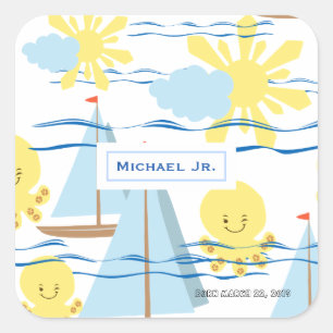 Sunny Kids Pattern, Boat, Octopus and Sun Clipart Square Sticker
