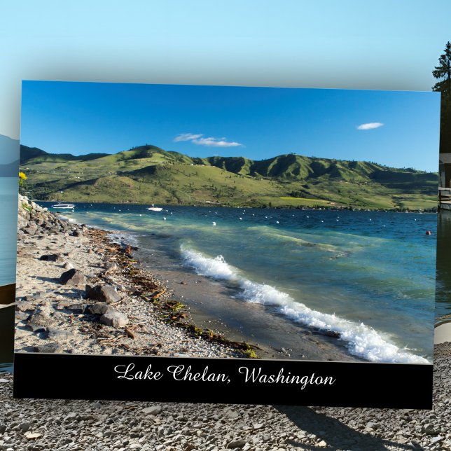 Sunny Lake Chelan Beach Scenic Washington State Postcard (Sunny Lake Chelan beach with waves, sand, and Cascade hills - a peaceful Washington escape.)