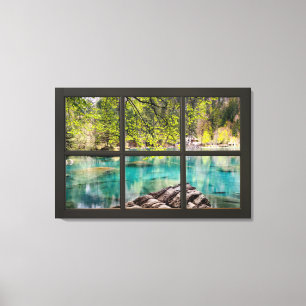 Sunny Lake Scenery Black Fake Window Illusion Canvas Print