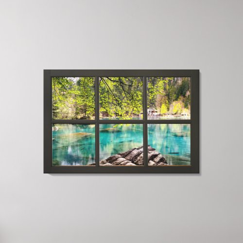 Sunny Lake Scenery Black Fake Window Illusion Canvas Print