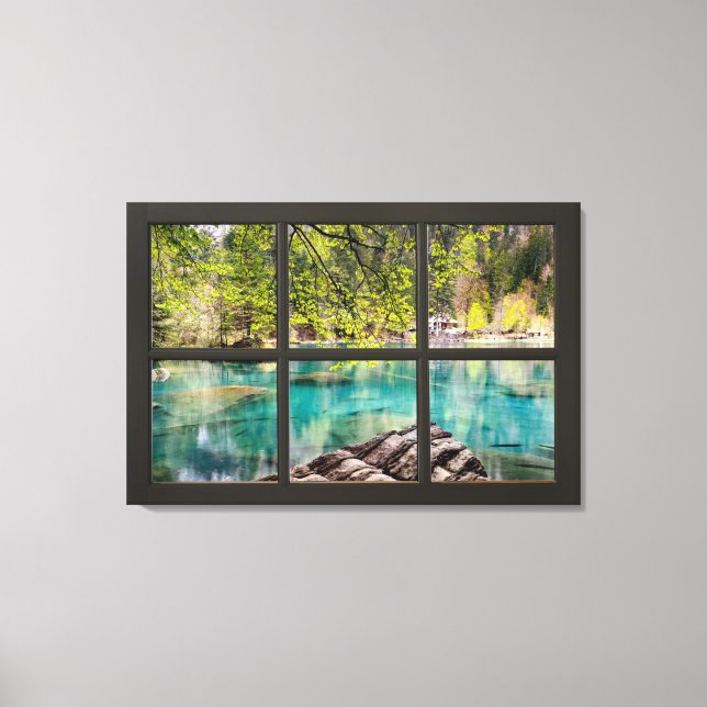 Sunny Lake Scenery Black Fake Window Illusion Canvas Print (Front)