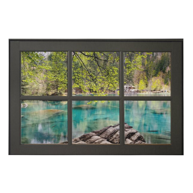 Sunny Lake Scenery Black Faux Window Illusion Canvas Print (Front)