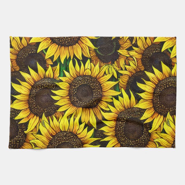 Sunny Large Sunflowers Pattern Kitchen Towel (Horizontal)