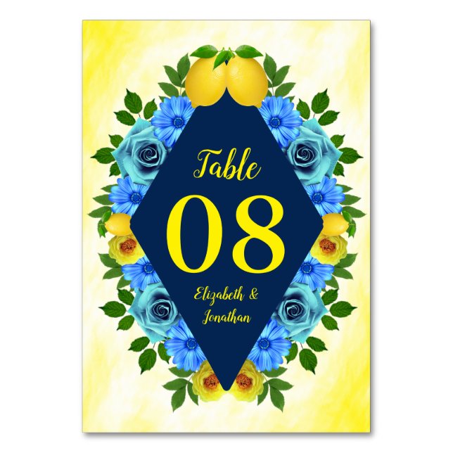 Sunny Lemon Floral Wedding Table Number (Front)