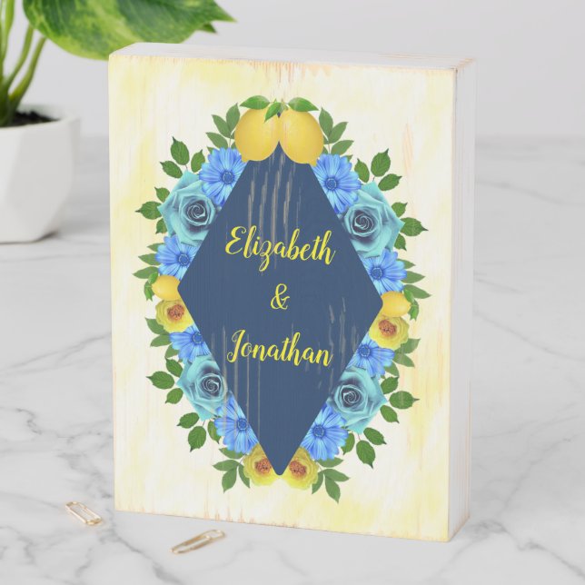 Sunny Lemon Floral Wedding Wooden Box Sign (In Situ Vertical)