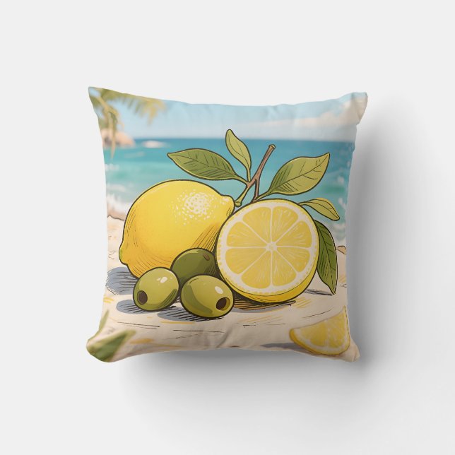 Sunny Lemon Olive Beachside Fresh Throw Pillow (Front)