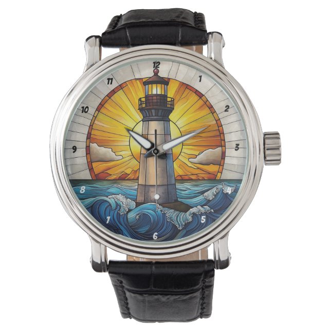 Sunny Lighthouse Waves Stained Glass Watch (Front)