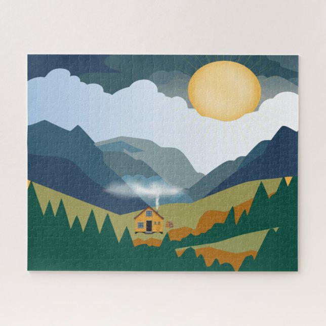 Sunny Mountain Valley Cabin Jigsaw Puzzle (Horizontal)