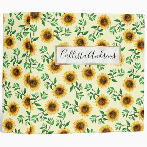 Sunny Neon Pastel Yellow Sunflowers Leaves Pattern 3 Ring Binder