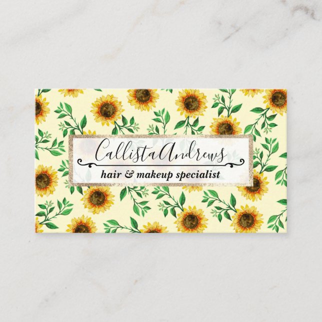 Sunny Neon Pastel Yellow Sunflowers Leaves Pattern Business Card (Front)