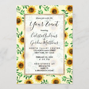 Sunny Neon Pastel Yellow Sunflowers Leaves Pattern Invitation