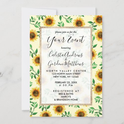 Sunny Neon Pastel Yellow Sunflowers Leaves Pattern Invitation