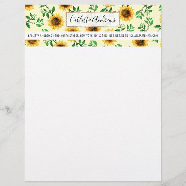 Sunny Neon Pastel Yellow Sunflowers Leaves Pattern Letterhead (Front)