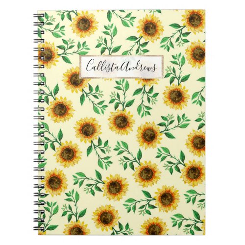 Sunny Neon Pastel Yellow Sunflowers Leaves Pattern Notebook