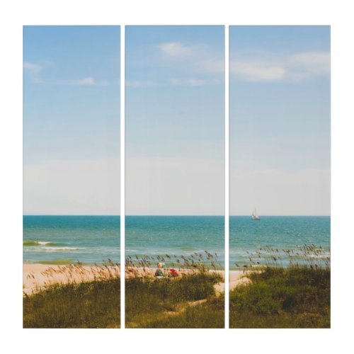 Sunny Ocean View with Beach Umbrella and Sailboat Triptych
