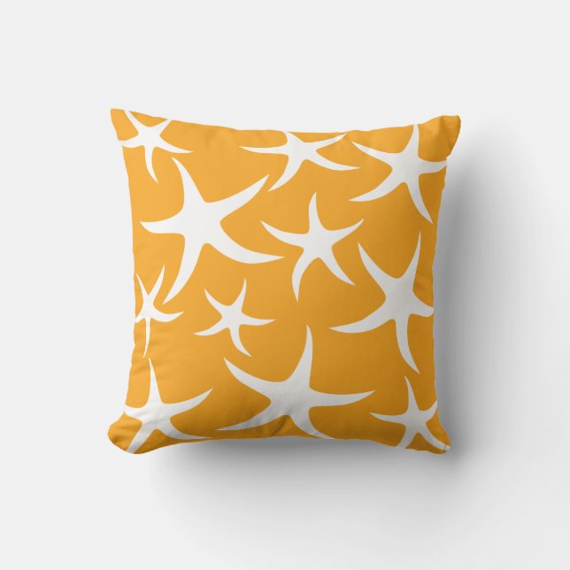 Sunny Orange and White Starfish Pattern. Throw Pillow (Front)