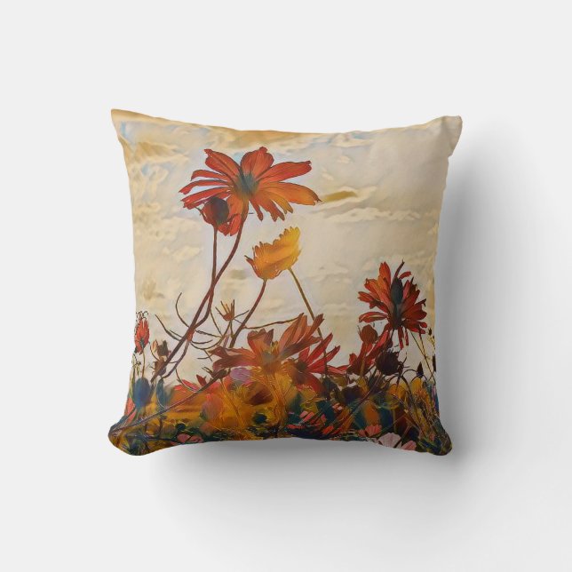 Sunny Orange Cosmos Flowers Impressionist Style Throw Pillow (Front)