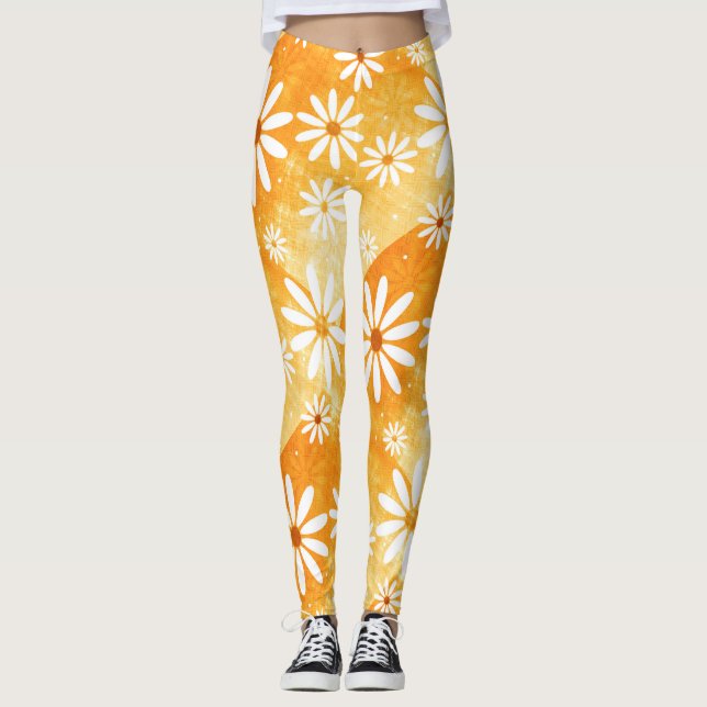sunny orange gold with daisies patterned leggings (Front)