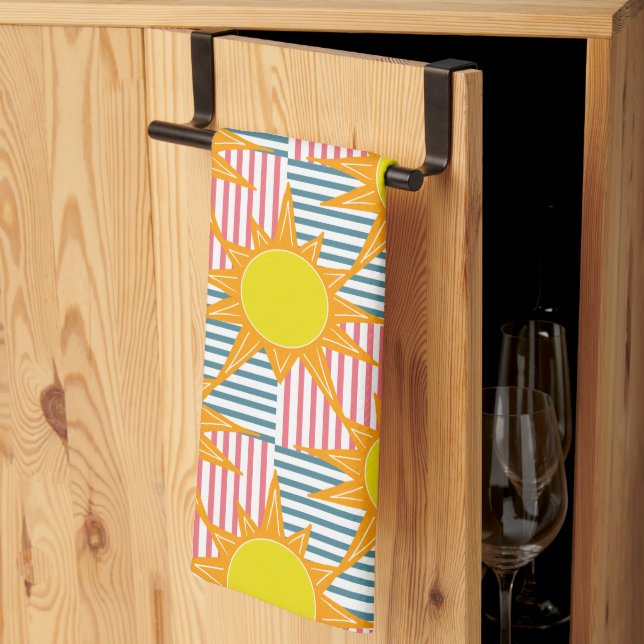 Sunny orange yellow suns white pink teal stripes kitchen towel (Thirds Fold)