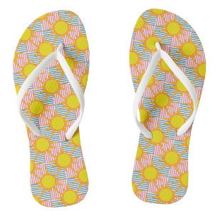 Sunny orange yellow suns white teal pink stripes flip flops