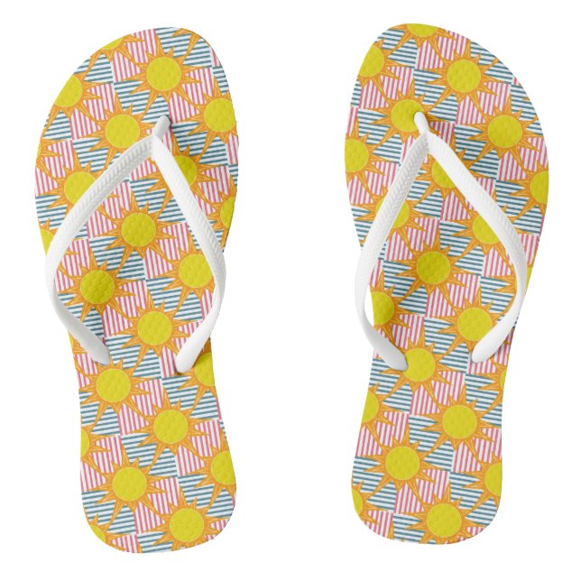Sunny orange yellow suns white teal pink stripes flip flops (Footbed)