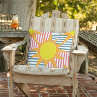 Sunny orange yellow suns white, teal pink stripes outdoor pillow