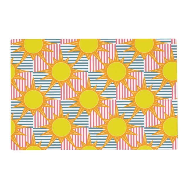 Sunny orange yellow suns white teal pink stripes p placemat (Front)