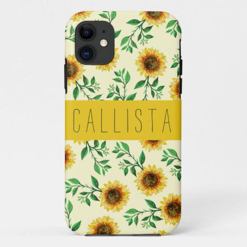 Sunny Pastel Yellow Sunflowers Leaves Monogram iPhone 11 Case