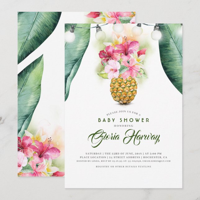 Sunny Pineapple Floral Vase Beach Baby Shower Invitation (Front/Back)