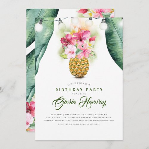 Sunny Pineapple Floral Vase Beach Birthday Party Invitation