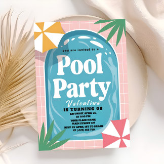 Sunny Pink Palm Springs Pool Birthday Invitation