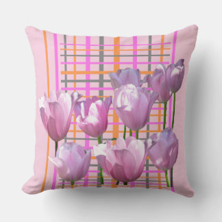 Sunny Pink Tulips Checkered Pattern Throw Pillow